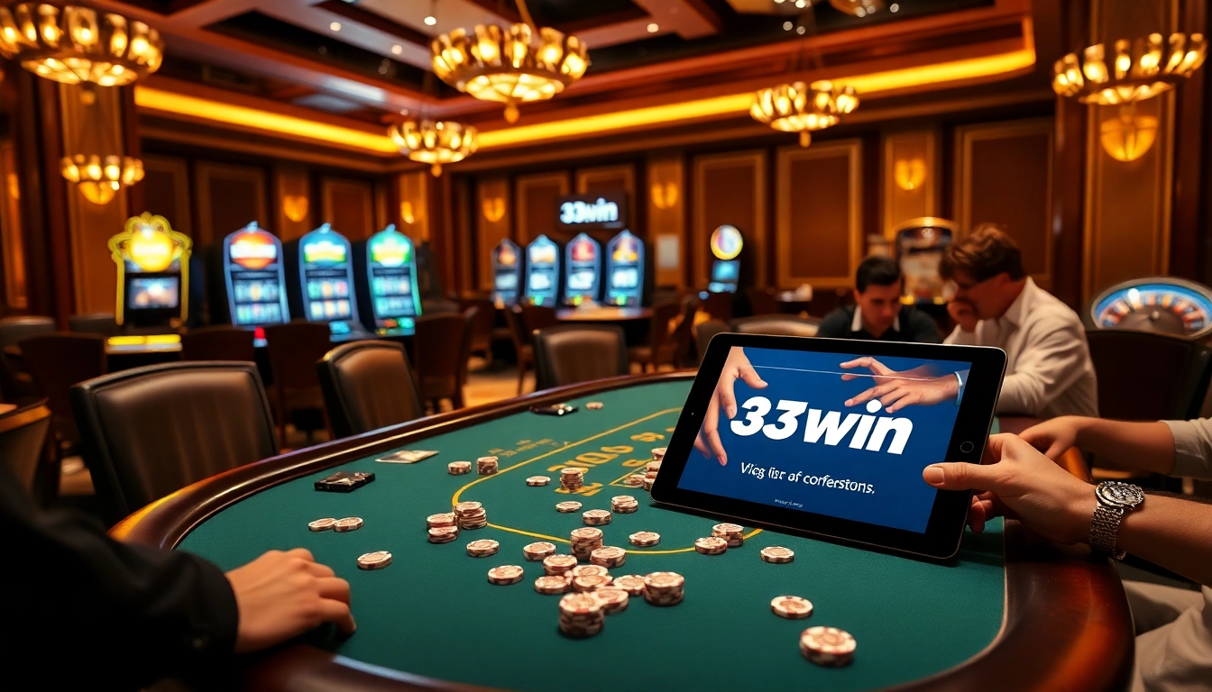 Exciting online gambling experience with players at a table featuring 33win branding.