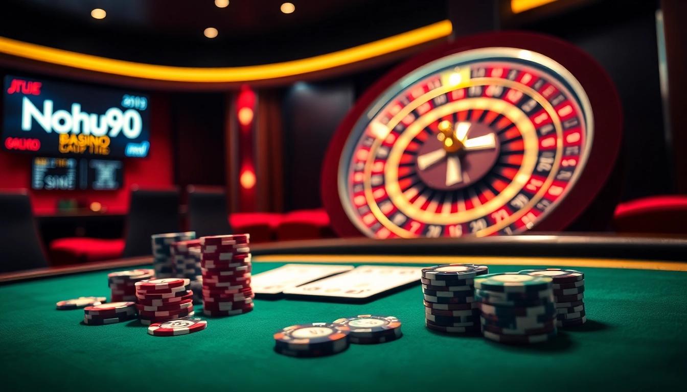Nohu90 offers a thrilling casino experience with poker tables and roulette wheels.