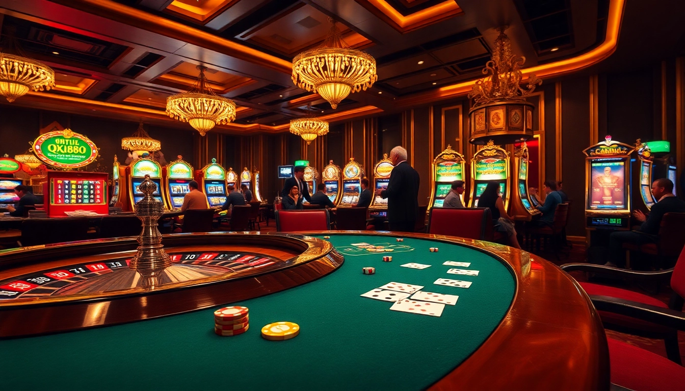 Experience the excitement of QQ88 casino gaming with vibrant tables, chips, and enthusiastic players.