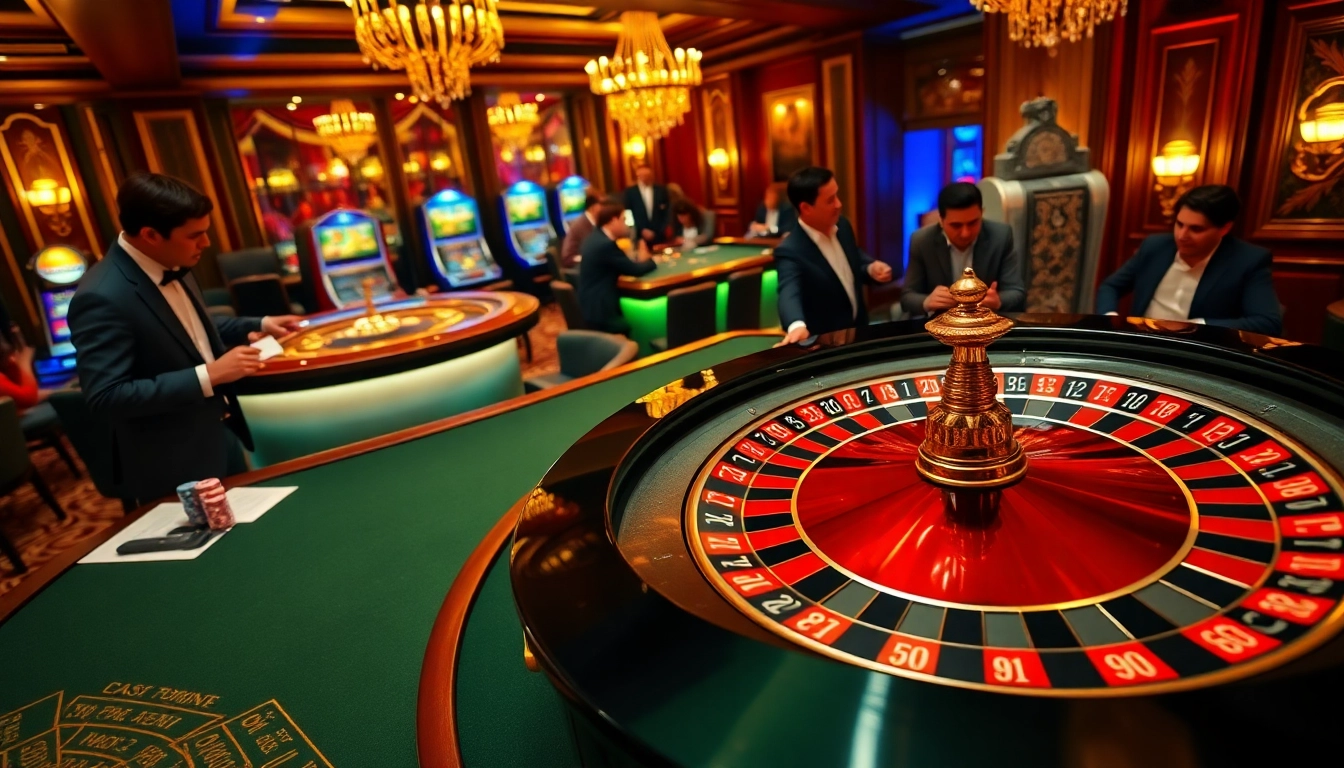 Experience the excitement of casino gaming with fly88h.com, featuring poker chips, roulette, and luxurious tables.